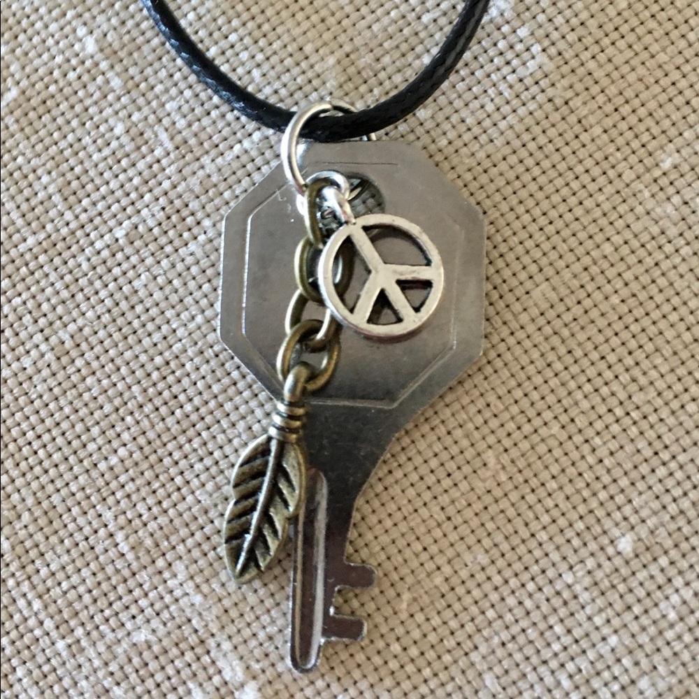 HAND CRAFTED Vintage Key Necklace Peace Feather Charms